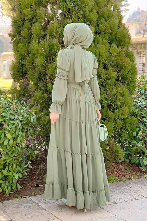 Kat Kat Görünümlü Bel Kuşaklı Fırfırlı Elbise 3495 Mint - 6