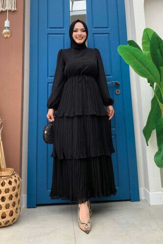 Pilliseli Kat Kat Görünümlü Bel Bağlamalı Kol Manşetleri Lastikli Elbise 3497 Siyah 