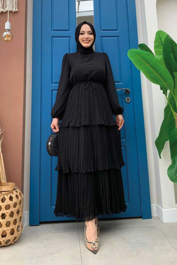 Pilliseli Kat Kat Görünümlü Bel Bağlamalı Kol Manşetleri Lastikli Elbise 3497 Siyah - 1