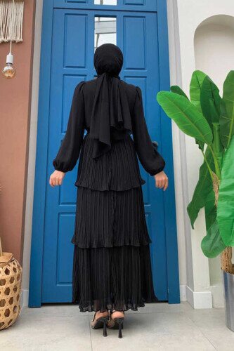 Pilliseli Kat Kat Görünümlü Bel Bağlamalı Kol Manşetleri Lastikli Elbise 3497 Siyah - 3
