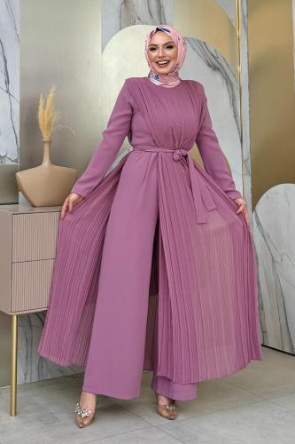 Piliseli Şifon Pelerin Detay Bel Kuşaklı Tulum 3498 Pudra