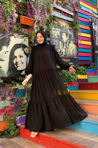 Omuz Kısmı Büzgü Görünümlü Salaş Astarlı Elbise 3511 Siyah - Bym Fashion