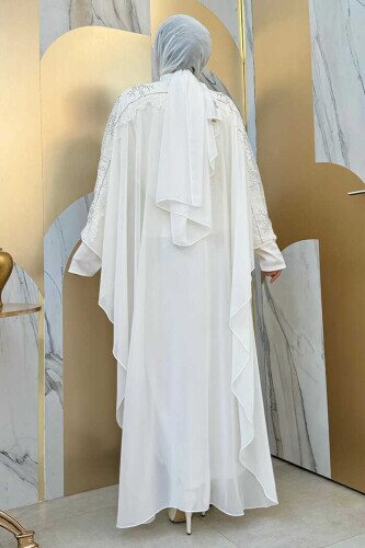 Omuz Kısımları Güpür Taş İşlemeli Pelerin Elbise Takım 3538 Ekru - 2