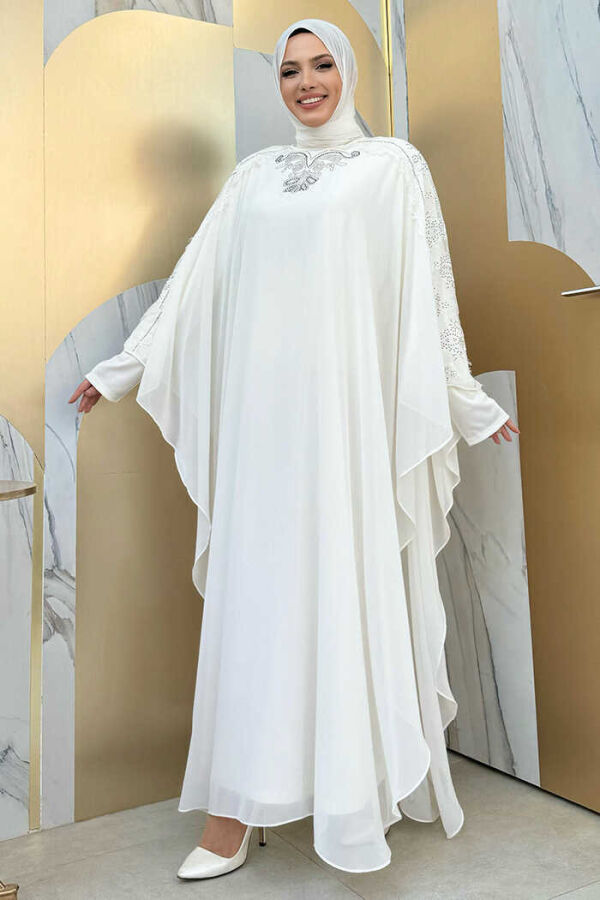 Omuz Kısımları Güpür Taş İşlemeli Pelerin Elbise Takım 3538 Ekru - 3