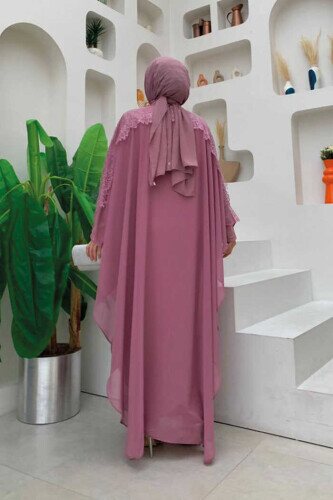 Omuz Kısımları Güpür Taş İşlemeli Pelerin Elbise Takım 3538 Pudra - 3