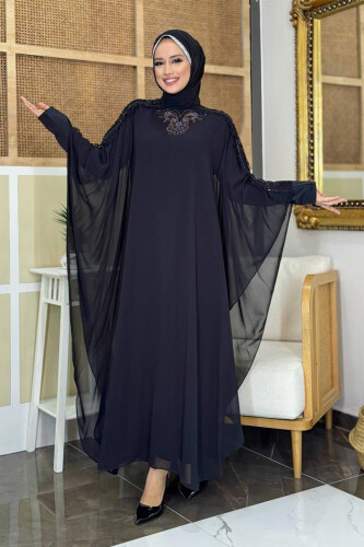Omuz Kısımları Güpür Taş İşlemeli Pelerin Elbise Takım 3538 Siyah - Bym Fashion