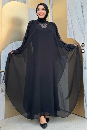 Omuz Kısımları Güpür Taş İşlemeli Pelerin Elbise Takım 3538 Siyah - 1