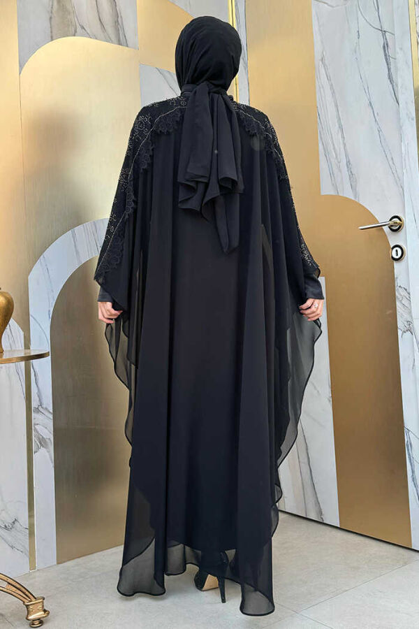 Omuz Kısımları Güpür Taş İşlemeli Pelerin Elbise Takım 3538 Siyah - 2