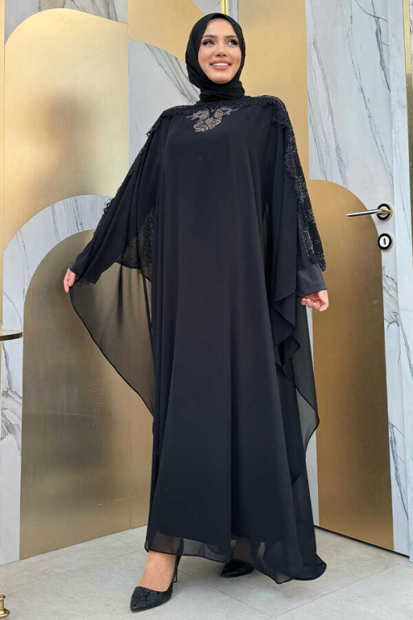 Omuz Kısımları Güpür Taş İşlemeli Pelerin Elbise Takım 3538 Siyah - 3