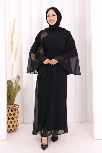 Yarasakol Single Sleeve Printed Chiffon Lined Evening Dress 3539 Black - 2