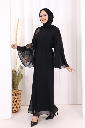Yarasakol Single Sleeve Printed Chiffon Lined Evening Dress 3539 Black - 3