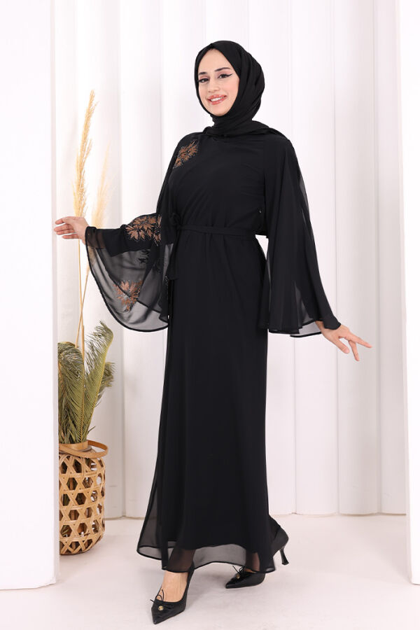 Yarasakol Single Sleeve Printed Chiffon Lined Evening Dress 3539 Black - 3