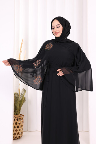Yarasakol Single Sleeve Printed Chiffon Lined Evening Dress 3539 Black - 4