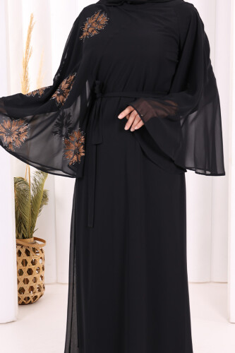 Yarasakol Single Sleeve Printed Chiffon Lined Evening Dress 3539 Black - 5