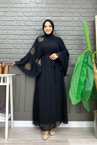 Yarasakol Single Sleeve Printed Chiffon Lined Evening Dress 3539 Black - 6