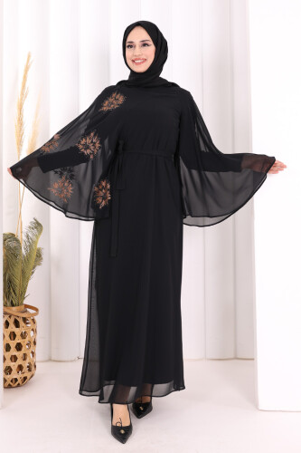 Yarasakol Single Sleeve Printed Chiffon Lined Evening Dress 3539 Black 