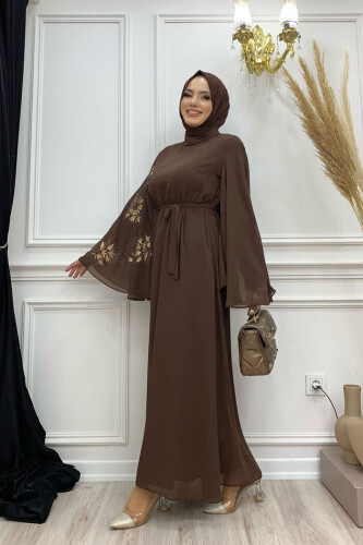 Yarasakol Einärmeliges, bedrucktes, mit Chiffon gefüttertes Abendkleid 3539 Braun - 6
