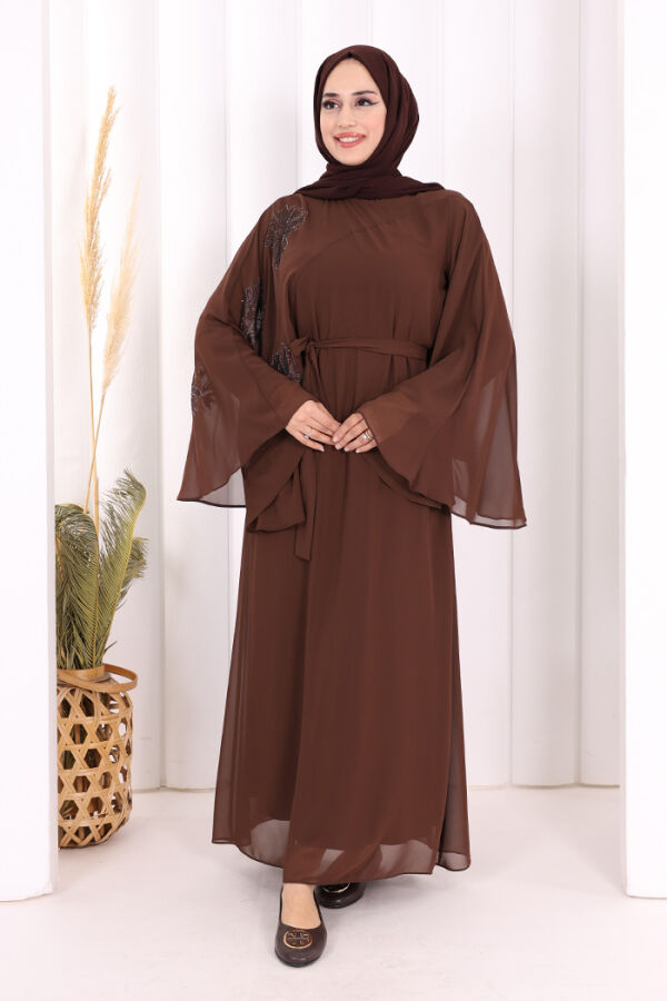 Yarasakol Single Sleeve Printed Chiffon Lined Evening Dress 3539 Brown - 2