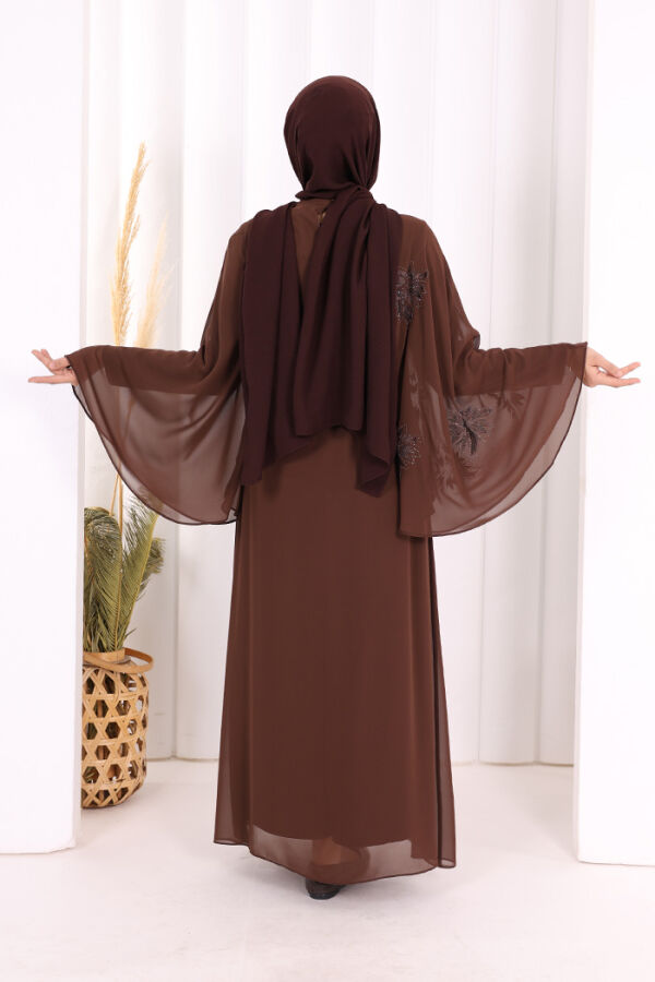 Yarasakol Single Sleeve Printed Chiffon Lined Evening Dress 3539 Brown - 4