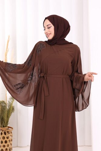 Yarasakol Single Sleeve Printed Chiffon Lined Evening Dress 3539 Brown - 5