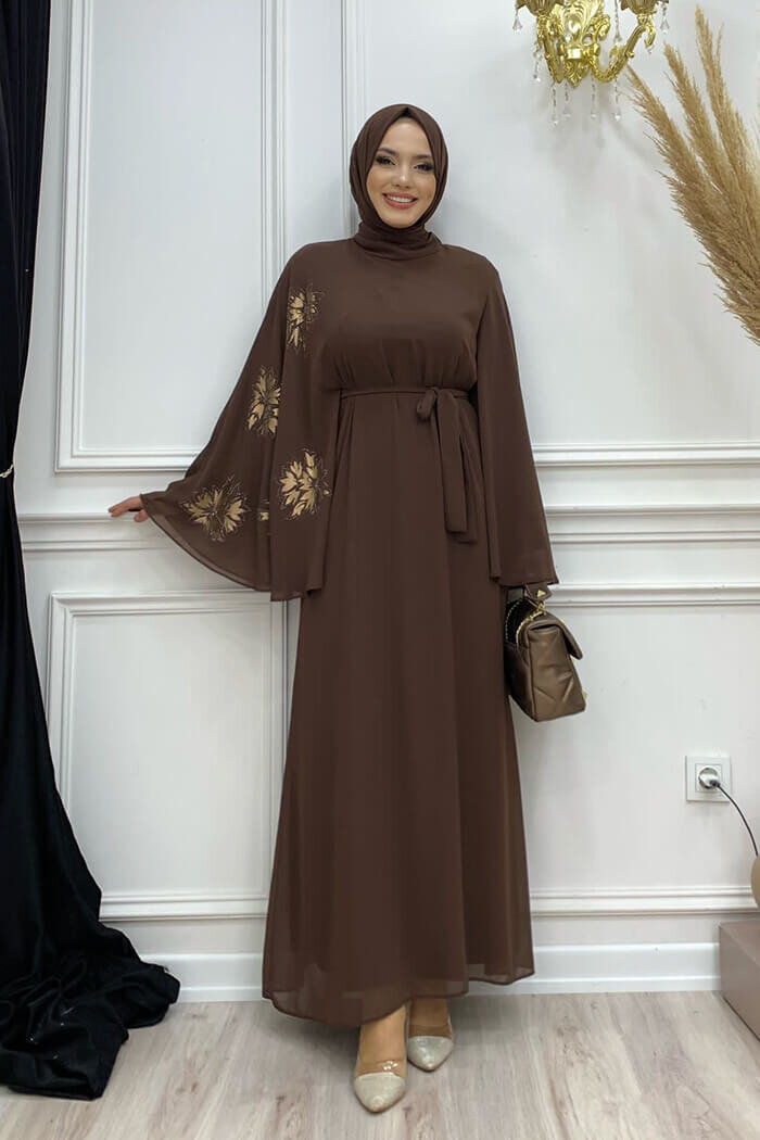 Yarasakol Single Sleeve Printed Chiffon Lined Evening Dress 3539 Brown - 6