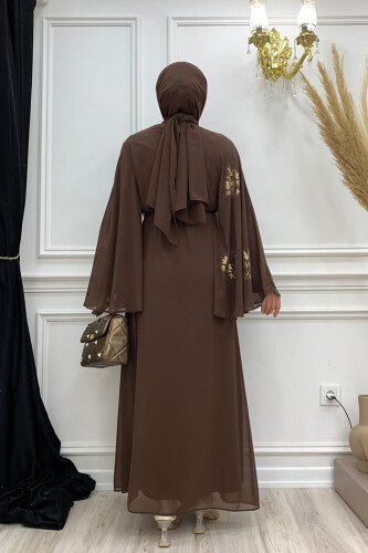 Yarasakol Single Sleeve Printed Chiffon Lined Evening Dress 3539 Brown - 8
