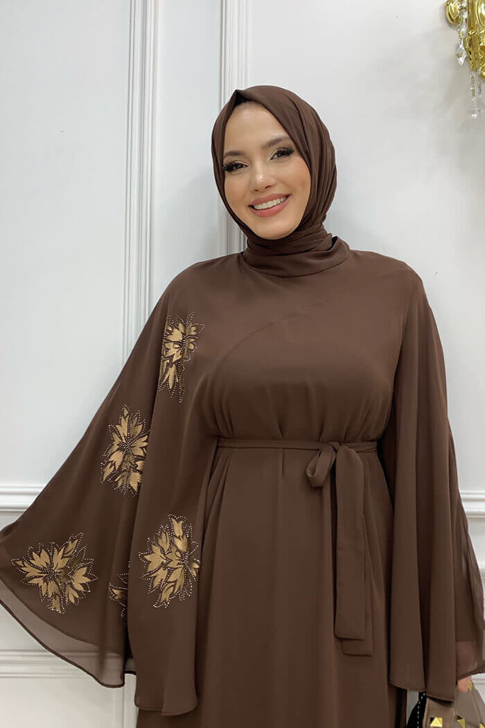 Yarasakol Single Sleeve Printed Chiffon Lined Evening Dress 3539 Brown - 9