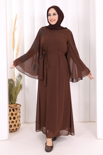 Yarasakol Single Sleeve Printed Chiffon Lined Evening Dress 3539 Brown 