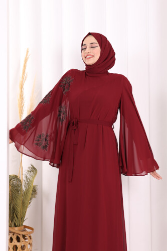 Yarasakol Single Sleeve Printed Chiffon Lined Evening Dress 3539 Claret Red - 9