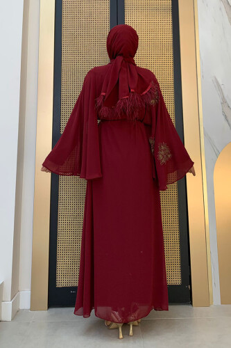Yarasakol Single Sleeve Printed Chiffon Lined Evening Dress 3539 Claret Red - 6