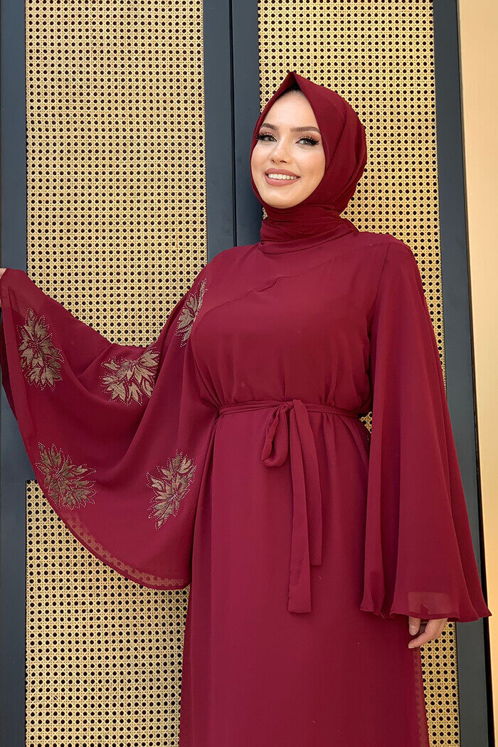 Yarasakol Single Sleeve Printed Chiffon Lined Evening Dress 3539 Claret Red - 8
