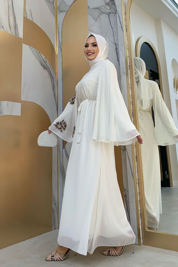 Yarasakol Einärmliges, bedrucktes, mit Chiffon gefüttertes Abendkleid 3539 Ecru - 4