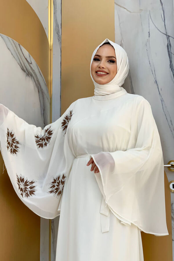 Yarasakol Einärmliges, bedrucktes, mit Chiffon gefüttertes Abendkleid 3539 Ecru - 8
