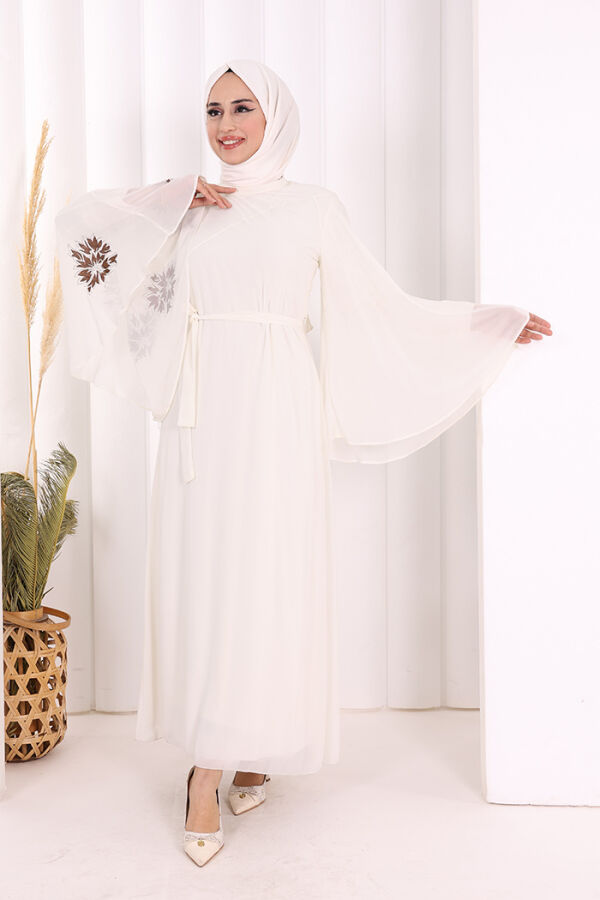 Yarasakol Single Sleeve Printed Chiffon Lined Evening Dress 3539 Ecru - 1
