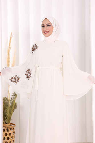 Yarasakol Single Sleeve Printed Chiffon Lined Evening Dress 3539 Ecru - 7