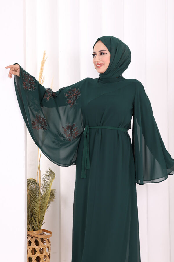 Yarasakol فستان سهرة مبطن شيفون مطبوع كم واحد 3539 زمرد - 4