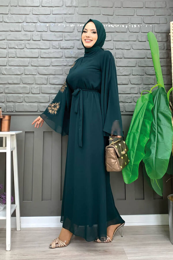 Yarasakol einärmeliges, bedrucktes, mit Chiffon gefüttertes Abendkleid 3539 Smaragd - 6