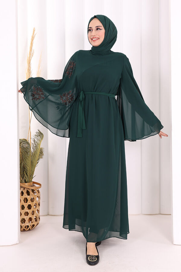 Yarasakol Single Sleeve Printed Chiffon Lined Evening Dress 3539 Emerald - 1