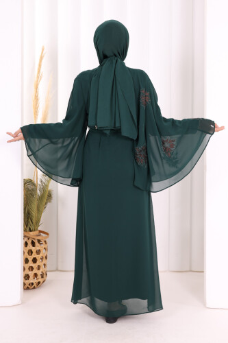 Yarasakol Single Sleeve Printed Chiffon Lined Evening Dress 3539 Emerald - 3