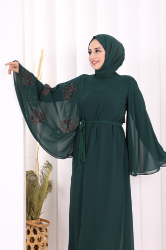 Yarasakol Single Sleeve Printed Chiffon Lined Evening Dress 3539 Emerald - 4