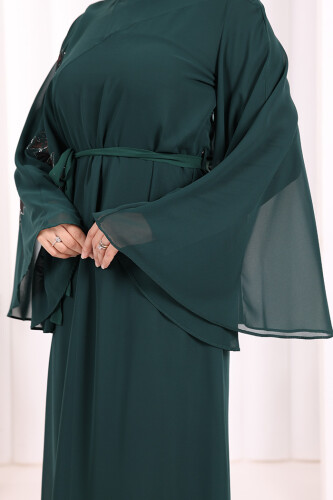 Yarasakol Single Sleeve Printed Chiffon Lined Evening Dress 3539 Emerald - 5