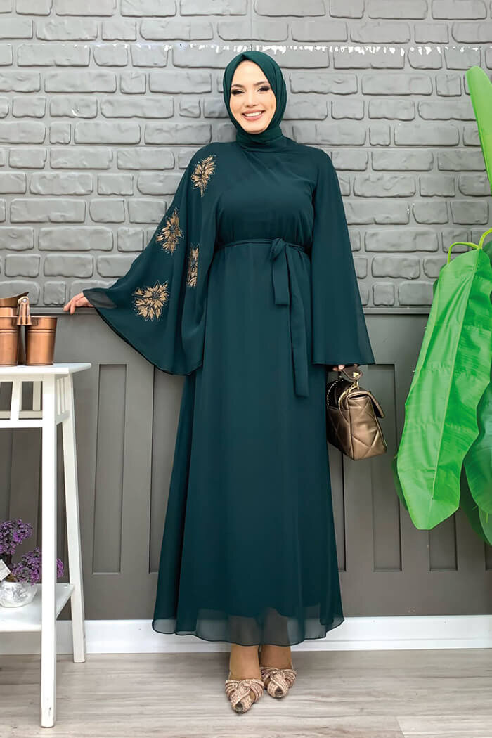 Yarasakol Single Sleeve Printed Chiffon Lined Evening Dress 3539 Emerald - 6