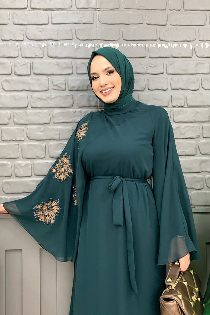 Yarasakol Single Sleeve Printed Chiffon Lined Evening Dress 3539 Emerald - 9