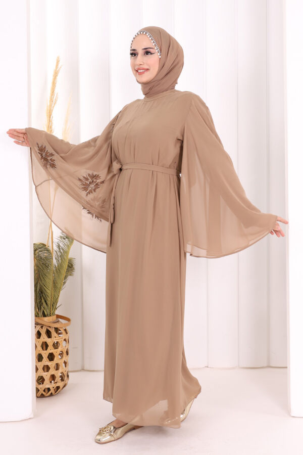 ياراساكول فستان سهرة مبطن شيفون كم واحد مطبوع 3539 بني مينك - 2