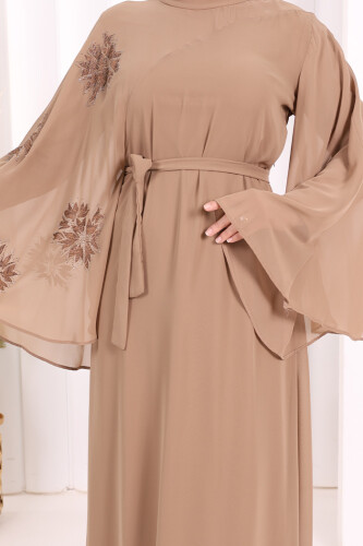 Yarasakol Single Sleeve Printed Chiffon Lined Evening Dress 3539 Mink - 7