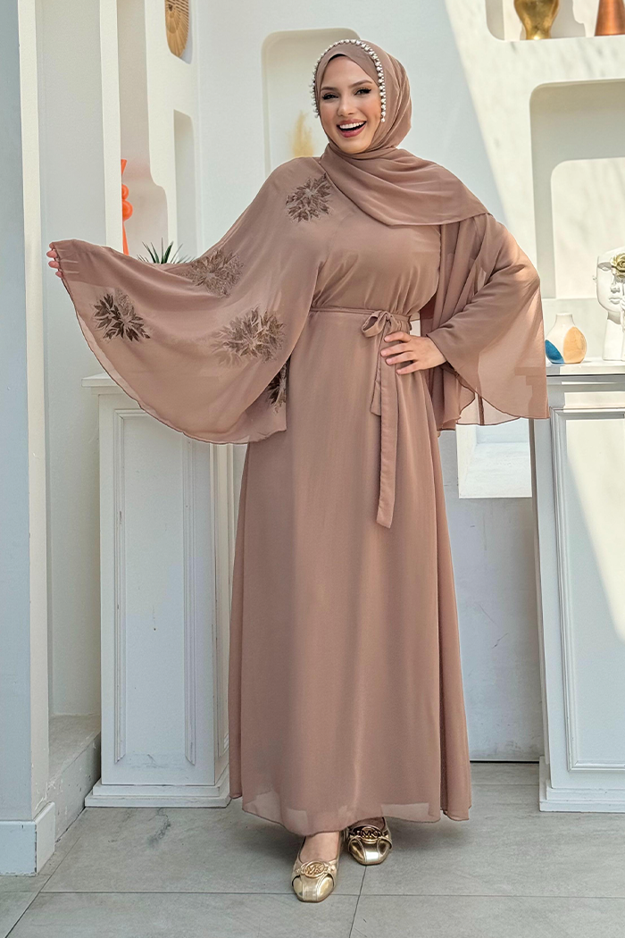 Yarasakol Single Sleeve Printed Chiffon Lined Evening Dress 3539 Mink - 8