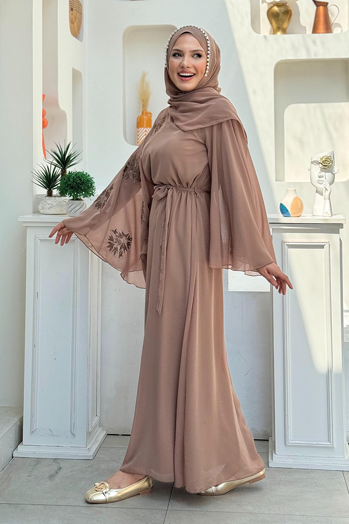 Yarasakol Single Sleeve Printed Chiffon Lined Evening Dress 3539 Mink - 9