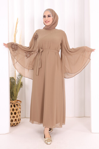 Yarasakol Single Sleeve Printed Chiffon Lined Evening Dress 3539 Mink 