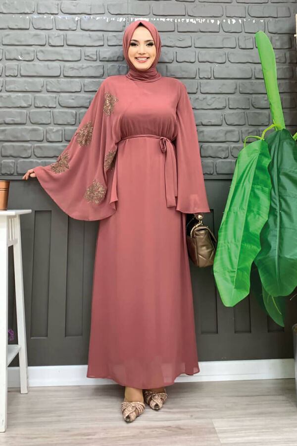 Yarasakol einärmeliges, bedrucktes, mit Chiffon gefüttertes Abendkleid 3539 Dried Rose - 5