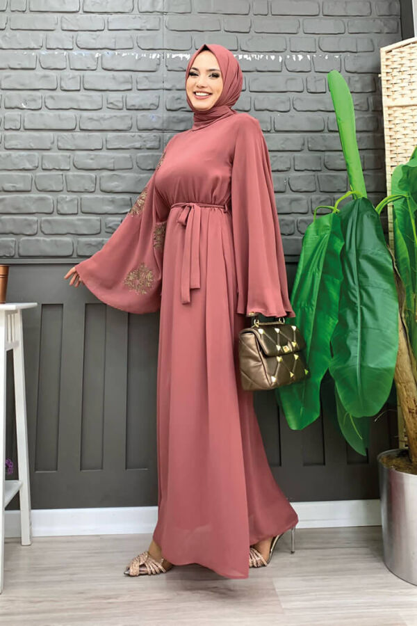 Yarasakol einärmeliges, bedrucktes, mit Chiffon gefüttertes Abendkleid 3539 Dried Rose - 6